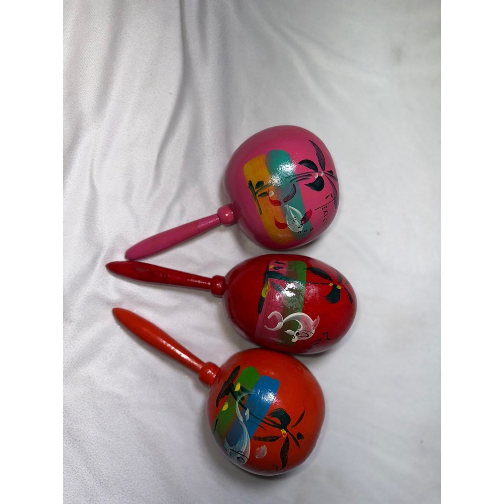 Vintage Mexican Hand Painted Wooden Maracas Set of 3 Tropical Folk Art Shakers